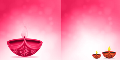 Diwali diya on pink and white bokeh background and space for your text, vector illustration