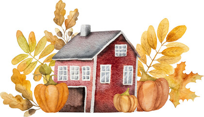 Autumn cartoon house with oak leaves, mushrooms and acorns watercolor painting. Fall teapot home with foliage decoration - 650667538