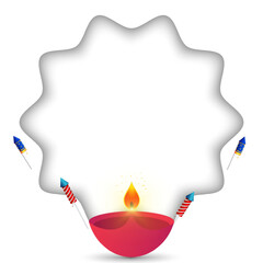 Diwali festival greeting card design with diya oil lamp with fireworks background.