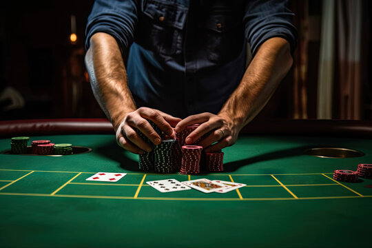 person playing poker, hands on poker chips on a poker table