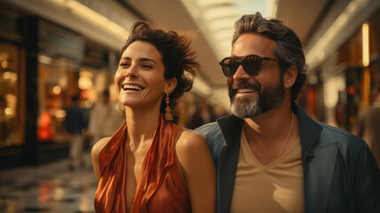 50 year old fashion smiling travelers couple, Plaza shopping district background.