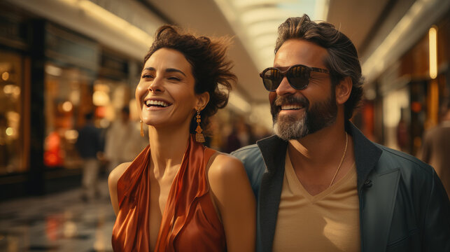 50 Year Old Fashion Smiling Travelers Couple, Plaza Shopping District Background.