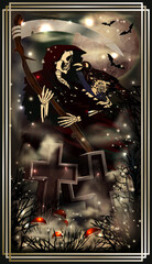 Happy Halloween vip card, death with scythe and cemetery cross, vector illustration
