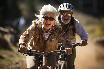 happy elderly retired couple riding bicycles in the forest