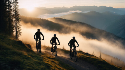 Mountainbike group enjoying mountain view with sunset. Extremely detailed and realistic high resolution concept design illustration - obrazy, fototapety, plakaty
