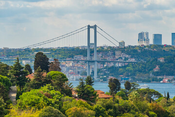 bridge connect asia and europa and business center skyscrapers on the edge of the Bosphorus in a cloudy weather