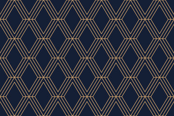 Gold and blue ornate seamless diamond pattern, luxury art deco repeat background, vector illustration.