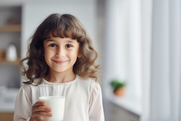 Little girl drinking a glass of milk in the kitchen