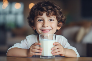 Little boy drinking a glass of milk in the kitchen