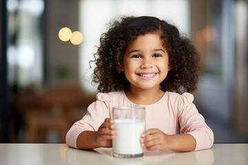 Cute mixed race little girl sitting at kitchen table with glass of milk in hand - obrazy, fototapety, plakaty