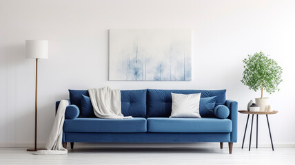 Navy Blue Sofa with white Pillows against Crisp White Wall