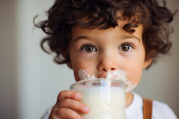 Cute little boy drinking milk and leaving a little milk stains that look like mustache on his mouth