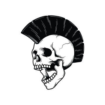 Skull Punk with Mohawk Hair Vector Illustration. Design element for shirt design, logo, sign, poster, banner, card