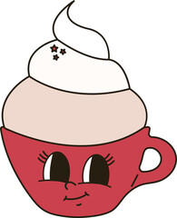 vector illustration of coffee with whipped cream and milk. cute cartoon cup of coffee with big eyes. groovy hippie style coffee. cozy old style illustration for cafe and coffee shop