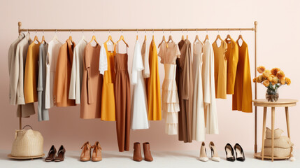 Colorful elegant feminine woman clothes in racks