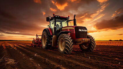 Fototapeta premium Red big tractor parked on the field in the sunset.
