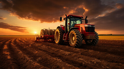 Obraz premium Red big tractor parked on the field in the sunset.
