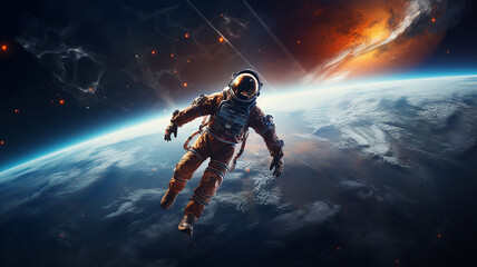 Fototapeta na wymiar An astronaut floats in the atmosphere near a planet.