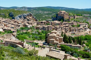 Aerial distant view on antique village of Alquezar, Huesca, Aragon, Spain. Medieval town in Pyrenees mountains