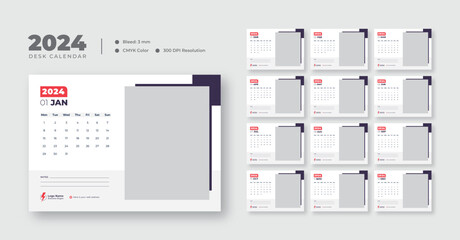Fototapeta na wymiar Desk calendar template for 2024, monthly planner design in corporate and business style