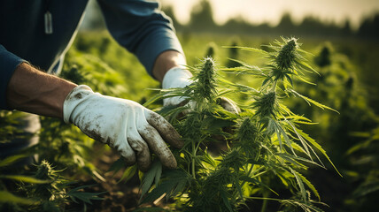 Hand picking marijuana flower at medical marijuana garden