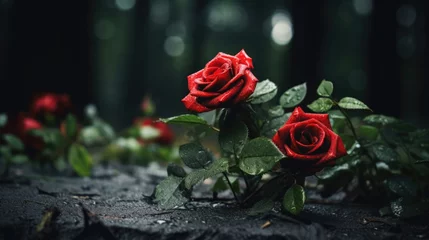 Fototapeten Wild red rose bush thriving in a old gothic cemetery near ruined and overgrown graveyard tombstones, deep dark forest background, romance lost but love is eternal.  © SoulMyst