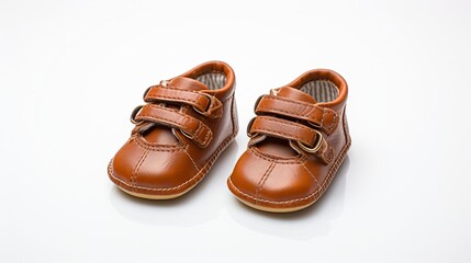 A pair of brown baby shoes made of leather without laces on a white background 