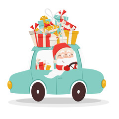 Cute Santa Claus drives by car with a lot of presents. Gift boxes. Christmas, New Year coloured vector illustration. Collection of Santa in cartoon style. Humour