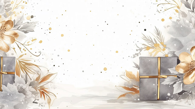 Hintergrund, Wallpaper, Karte in Weihnachtlichen Farben - Geschenke, Blumen und Zweige 
