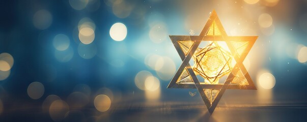 Banner with decorative golden Jewish religion symbol Magen David star on blue and gold bokeh blurred background. Rosh Hashanah, Jewish New Year holiday or Hannukah greeting card with lights and star - obrazy, fototapety, plakaty