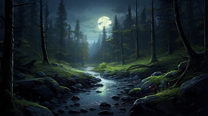 tranquil forest clearing illuminated by the soft glow of the moon. 