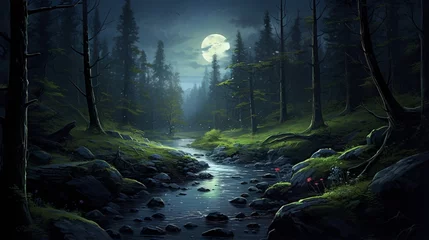 Plaid avec motif Rivière forestière tranquil forest clearing illuminated by the soft glow of the moon. 