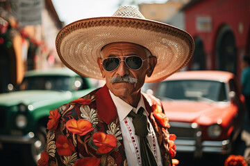 An elderly Mexican man with a traditional hat and costume on the streets of Mexico