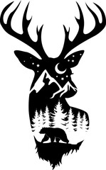 Deer head silhouette with mountain and bear illustration