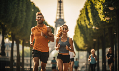 Group athletes running competition at Paris city, Marathon runners running the marathon in the city streets.