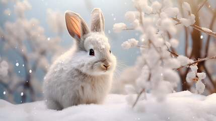  White hare on the background of a winter, snowy forest with bokeh and copy space. Wild animals in winter. Christmas card.