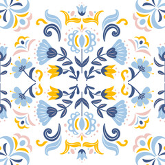 Fototapeta na wymiar Seamless geometric ethnic pattern flowers in Scandinavian or Slavic style. Floral symmetrical vintage motif. For wallpaper, fabric, wrapping, background.