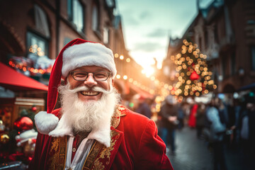 Smiling man dressed as a Santa Claus looking at camera at Christmas market on the street. Copy space.