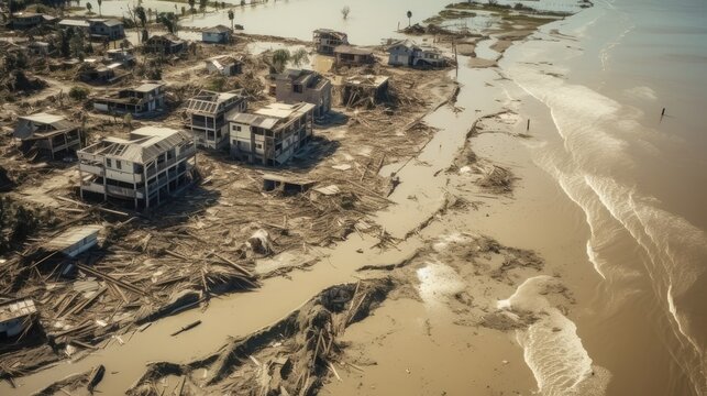 Devastation After Catastrophic Coastal Flood. Submerged Cityscape, Damaged Buildings, and Muddy Waters - Aerial View