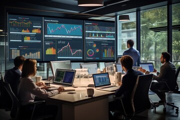 Business people group meeting in office. Professional businesswomen, businessmen, and office workers work in team conferences with project planning documents on the meeting table.