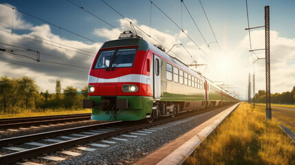 Fototapeta premium An approaching train against the background of the forest on a sunny day