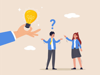 Job and career path concept. Business problem, idea, decision making and solution, confusing businessman stand with question mark sign then helping hand put half of lightbulb lamp for bright solution.