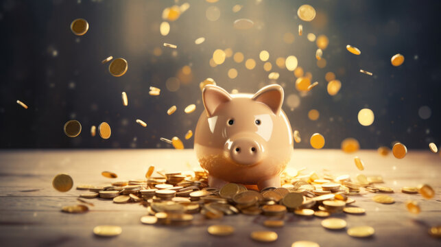 Gold coins fall on a pink piggy bank in the shape of a piglet