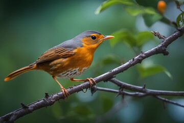 Orange thrush on a tree branch