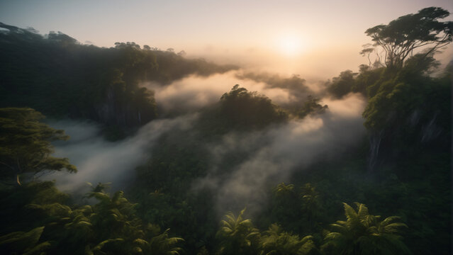 Aerial shot of a tropical forest with volumetric fog and sunset. Photorealistic concept design illustration