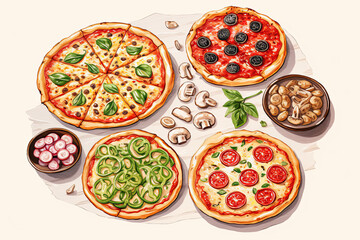Fototapeta na wymiar llustration of an delicious pizza varieties.