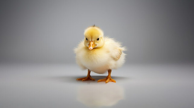 Adorable chick perched on a neutral gray background.