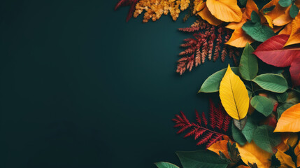 Top view, autumn orange, red, yellow fresh leaves, on dark green background with place for text. - obrazy, fototapety, plakaty