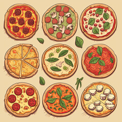 llustration of an delicious pizza varieties.
