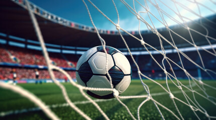 Naklejka premium A soccer ball flew into a soccer goal